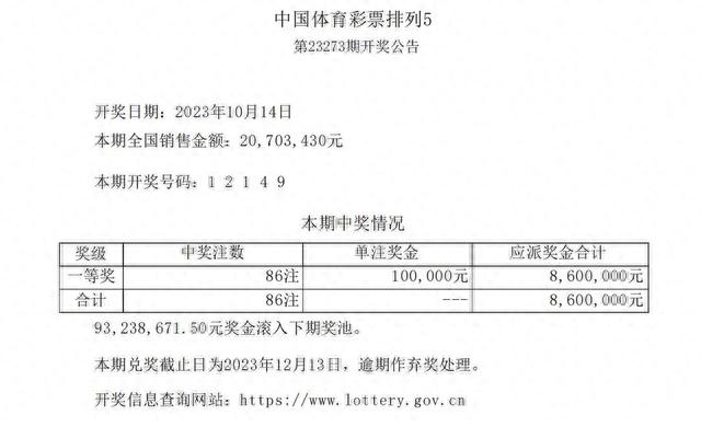 中国体育彩票10月14日开奖结果